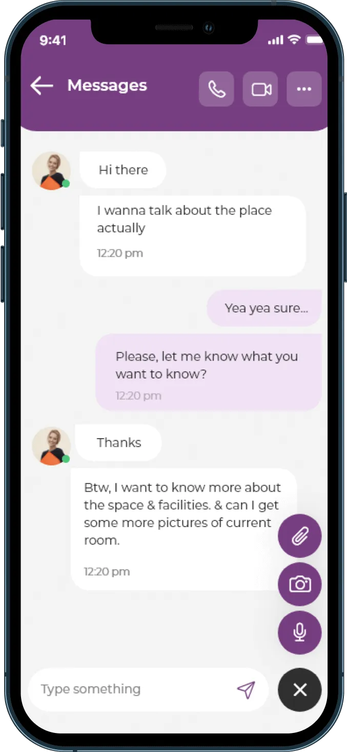 BusyHen Messages thread with attachments, camera, microphone, and video call controls in the header